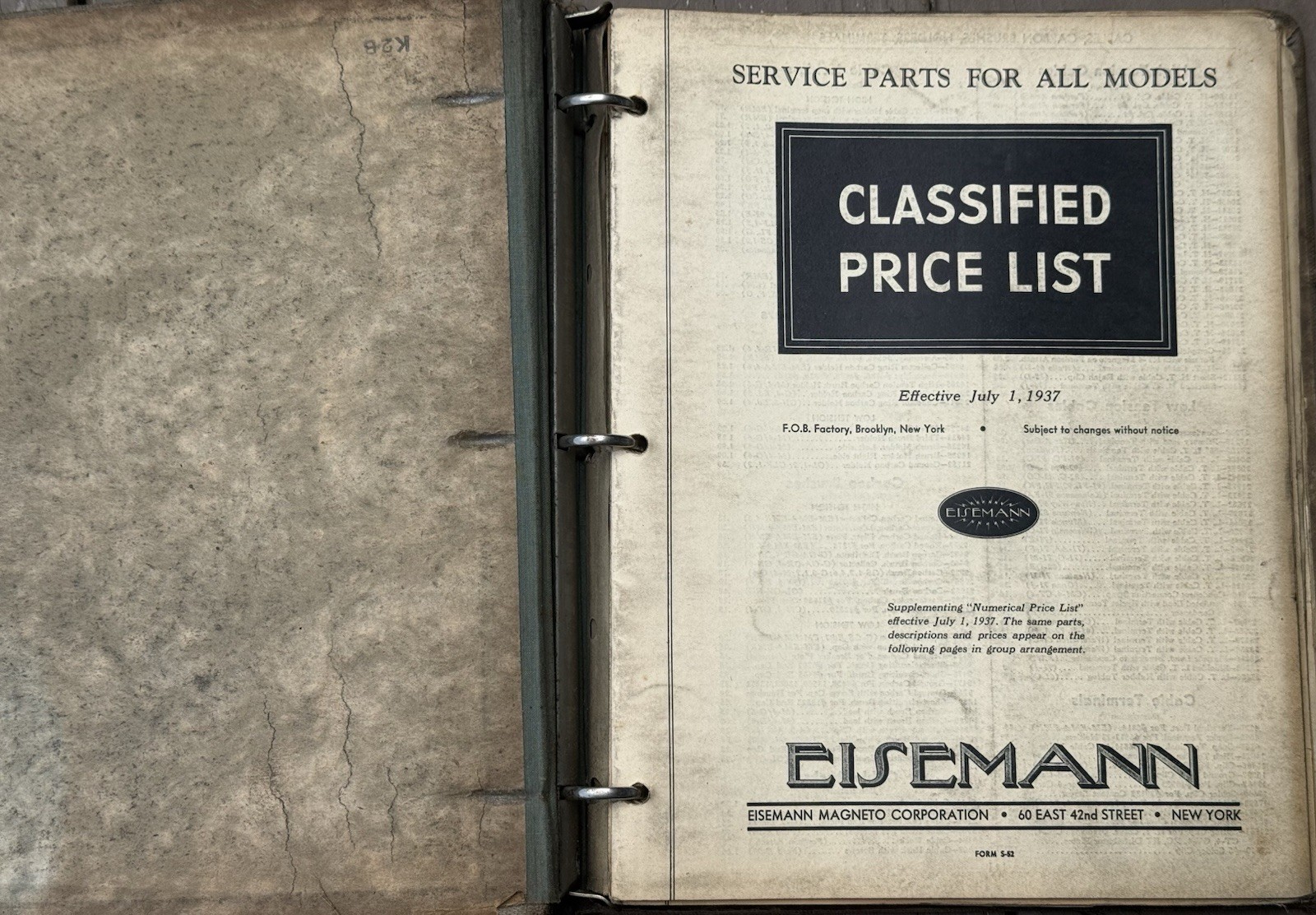 Vintage 1937 Eisemann Magneto Service Parts Price List Manual Binder Ignition 