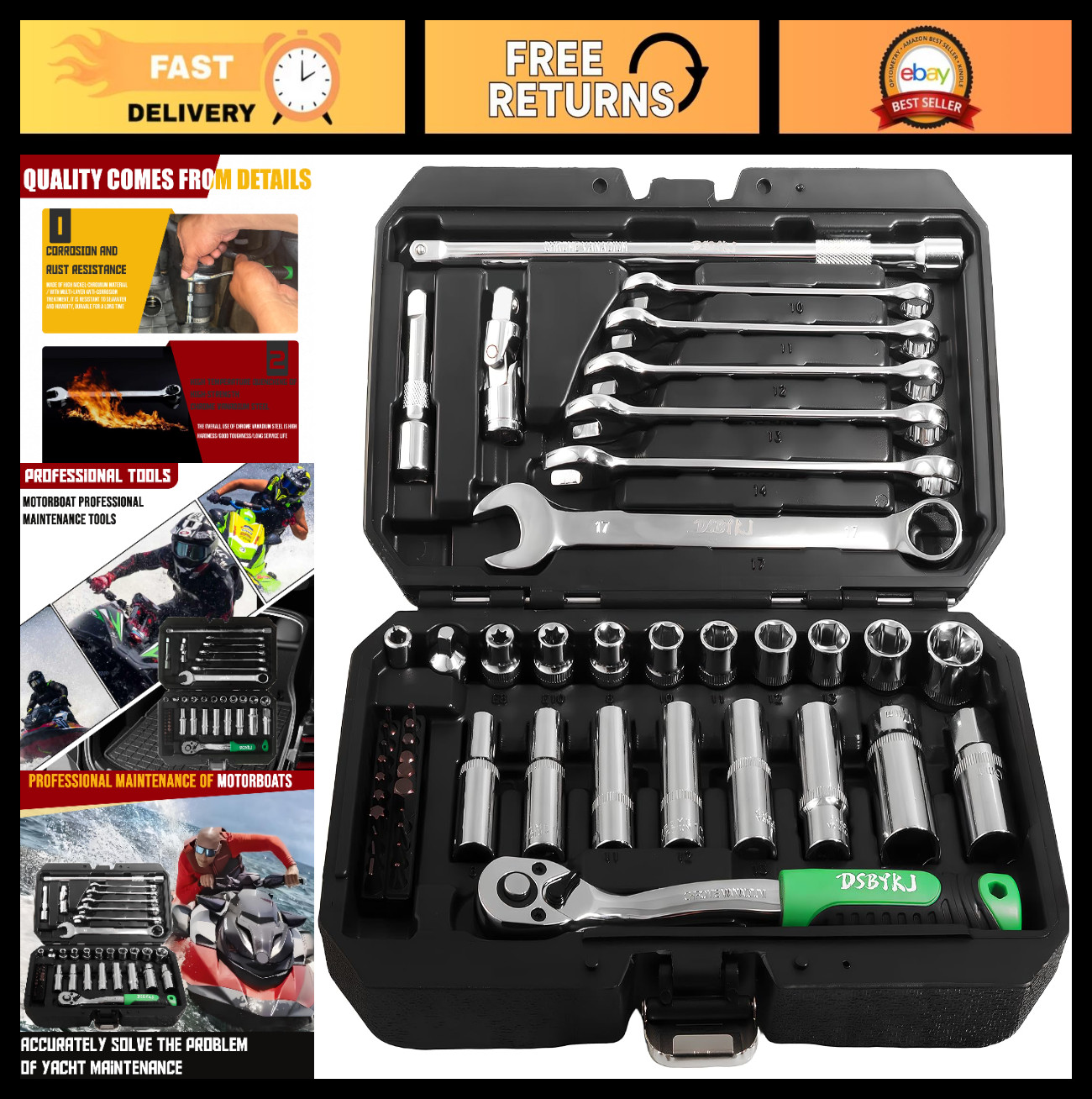49-Piece Marine Tool Kit for Boats, 1/4 & 3/8 Inch Boat Plug Wrench Set