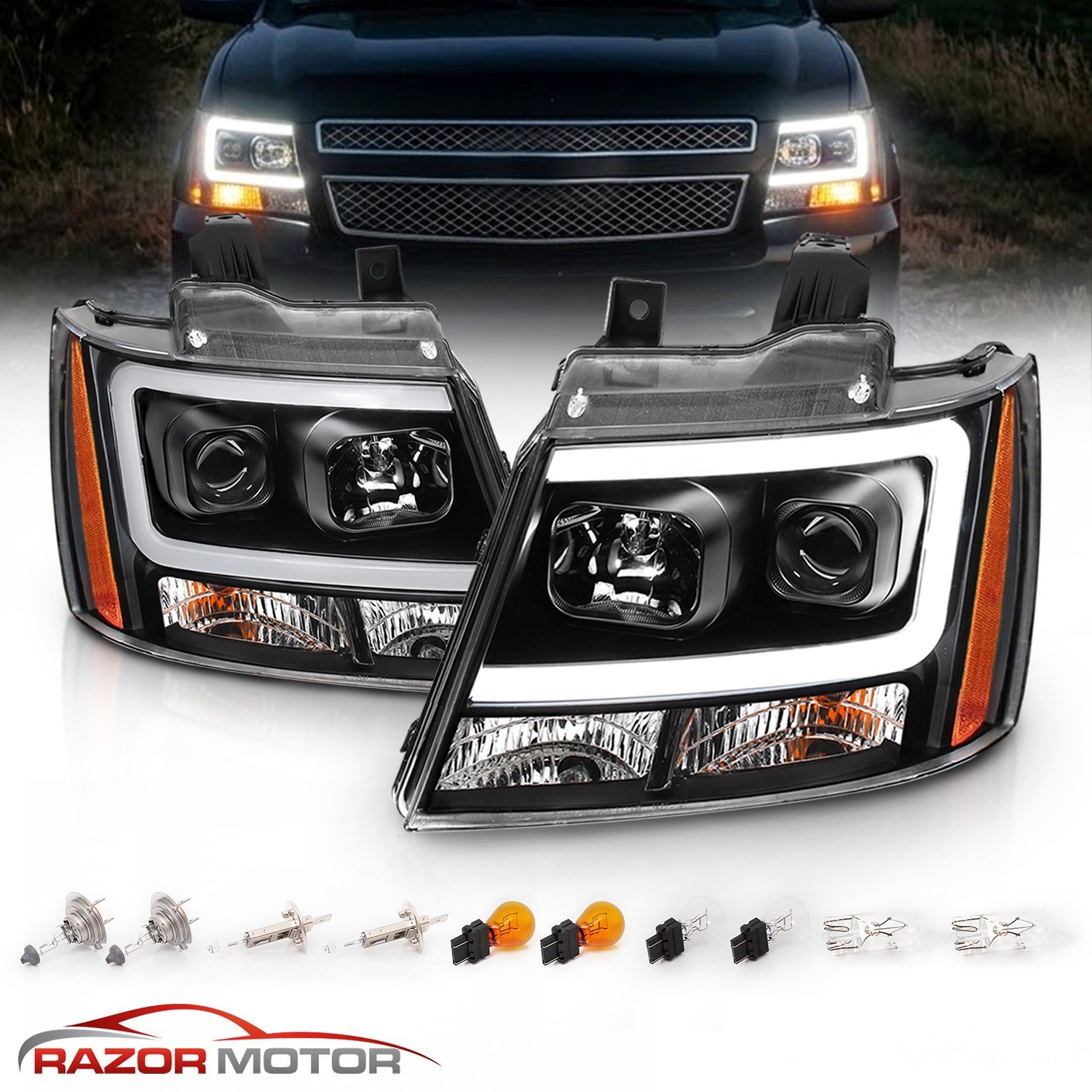 Black LED Tube DRL Headlights Pair For 2007-2014 Chevy Suburban/Tahoe/Avalanche