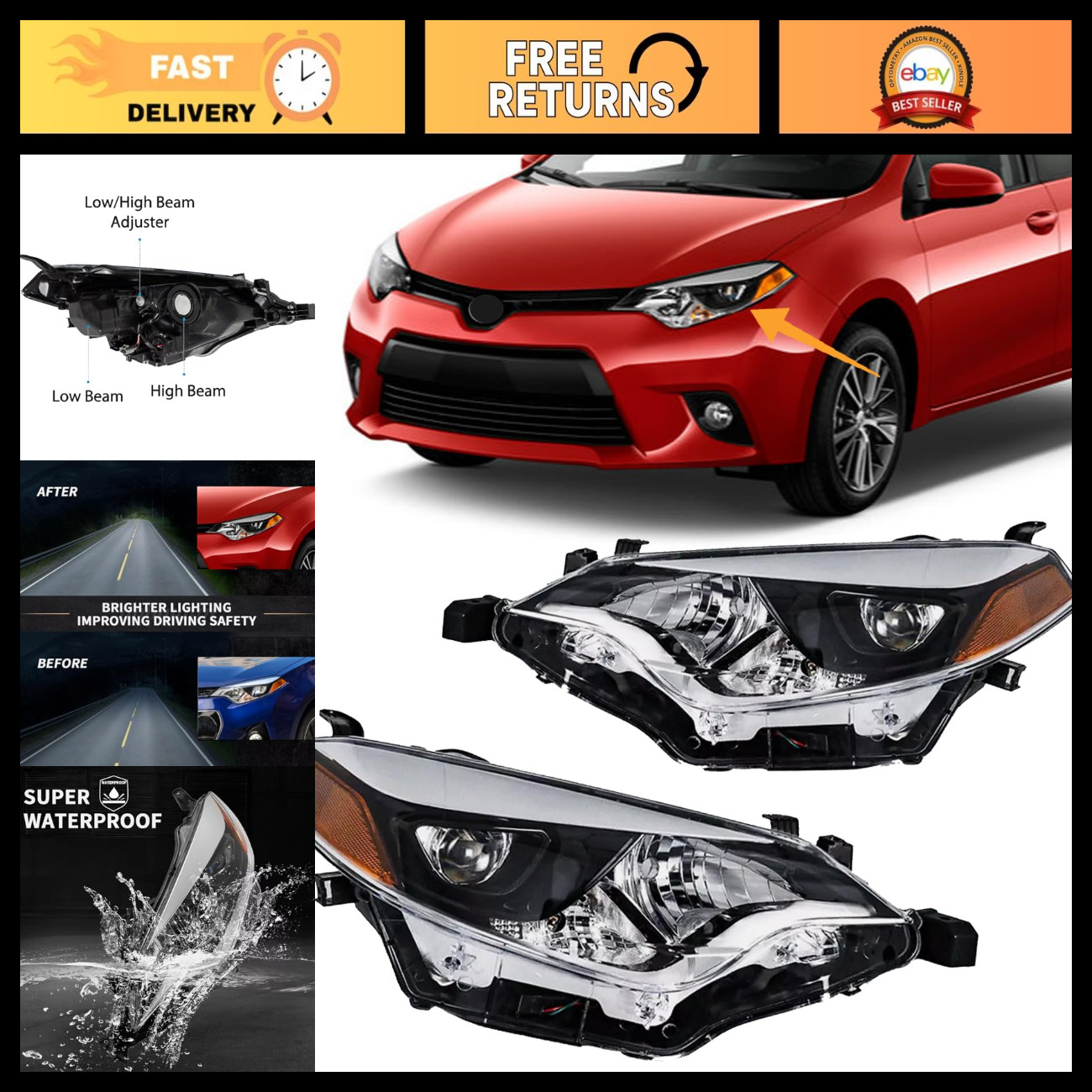2014-2016 Toyota Corolla Headlight Replacement Kit - Chrome Housing, Amber Refle