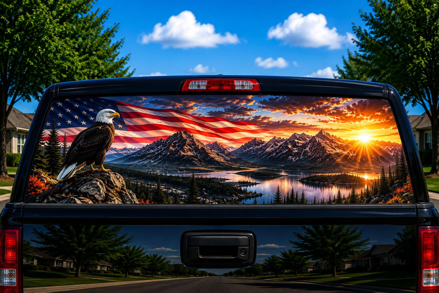 American Flag Perched Eagle Truck Rear Window Decal, Perforated Graphic