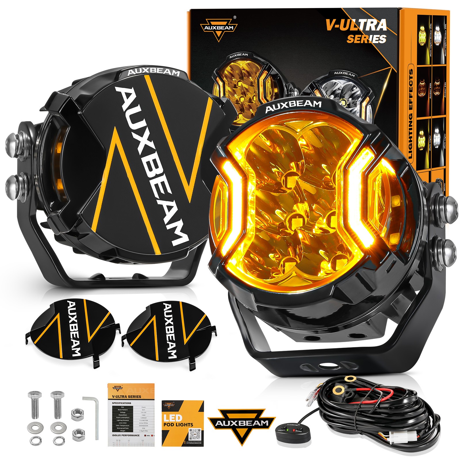 Auxbeam V-Ultra 3inch LED Side Shooter Fog Light Pods Amber DRL 3 Modes & Covers