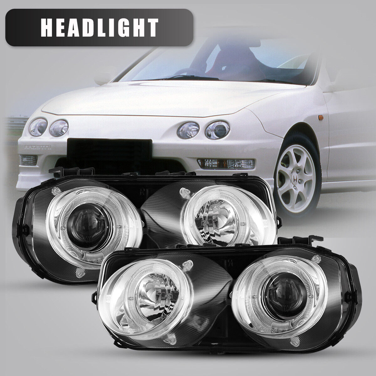 For 94-97 Acura Integra Projector Headlights Front Halo Lamp 1 Pair Chrome/Clear