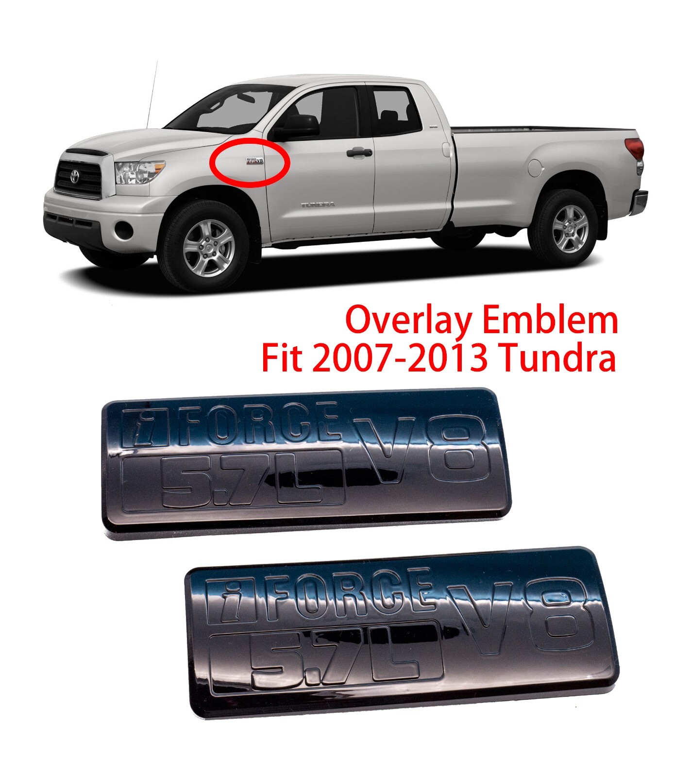 2PCS OVERLAY Gloss Black Fender I-Force 5.7L V8 Emblem 2007-2013 Toyota Tundra