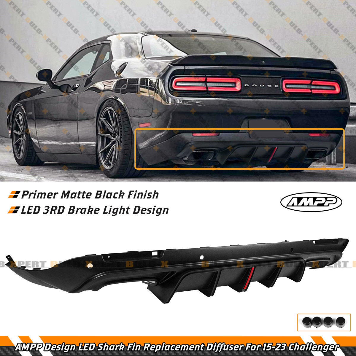 For 2015-23 Dodge Challenger AMPP Matt Shark Fin LED Style Rear Bumper Diffuser