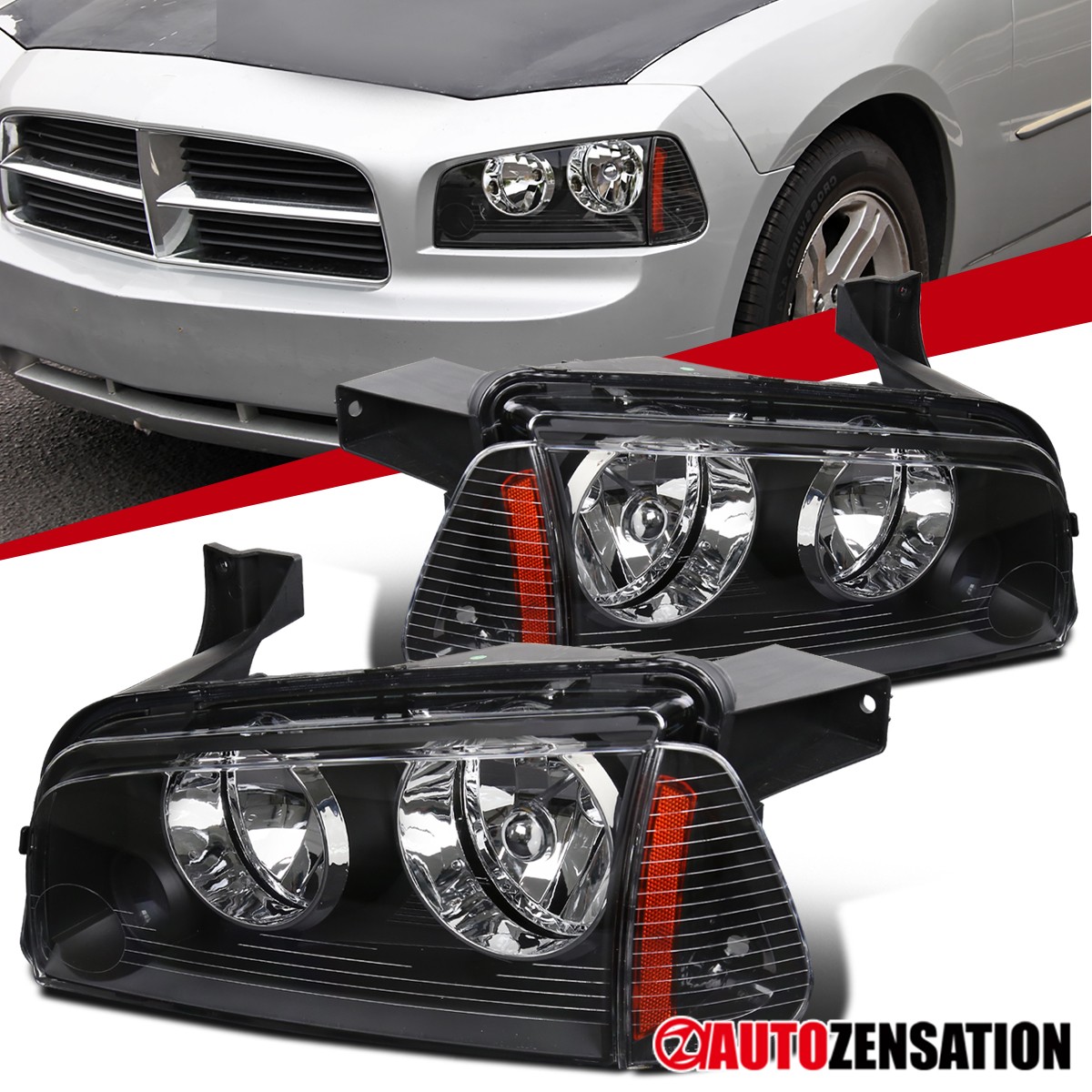 Fit 2006-2010 Dodge Charger Black Headlights+Corner Signal Parking Lamps 06-10 Fit 2006-2010 Dodge Charger Black Headlights+Corner Signal Parking Lamps 06-10