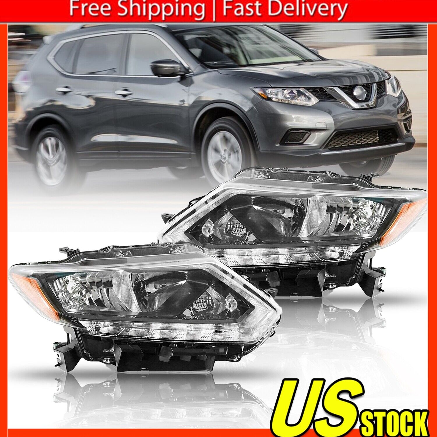 Chrome & Black Housing Pair Headlights Left Right Fit For 2014-2016 Nissan Rogue
