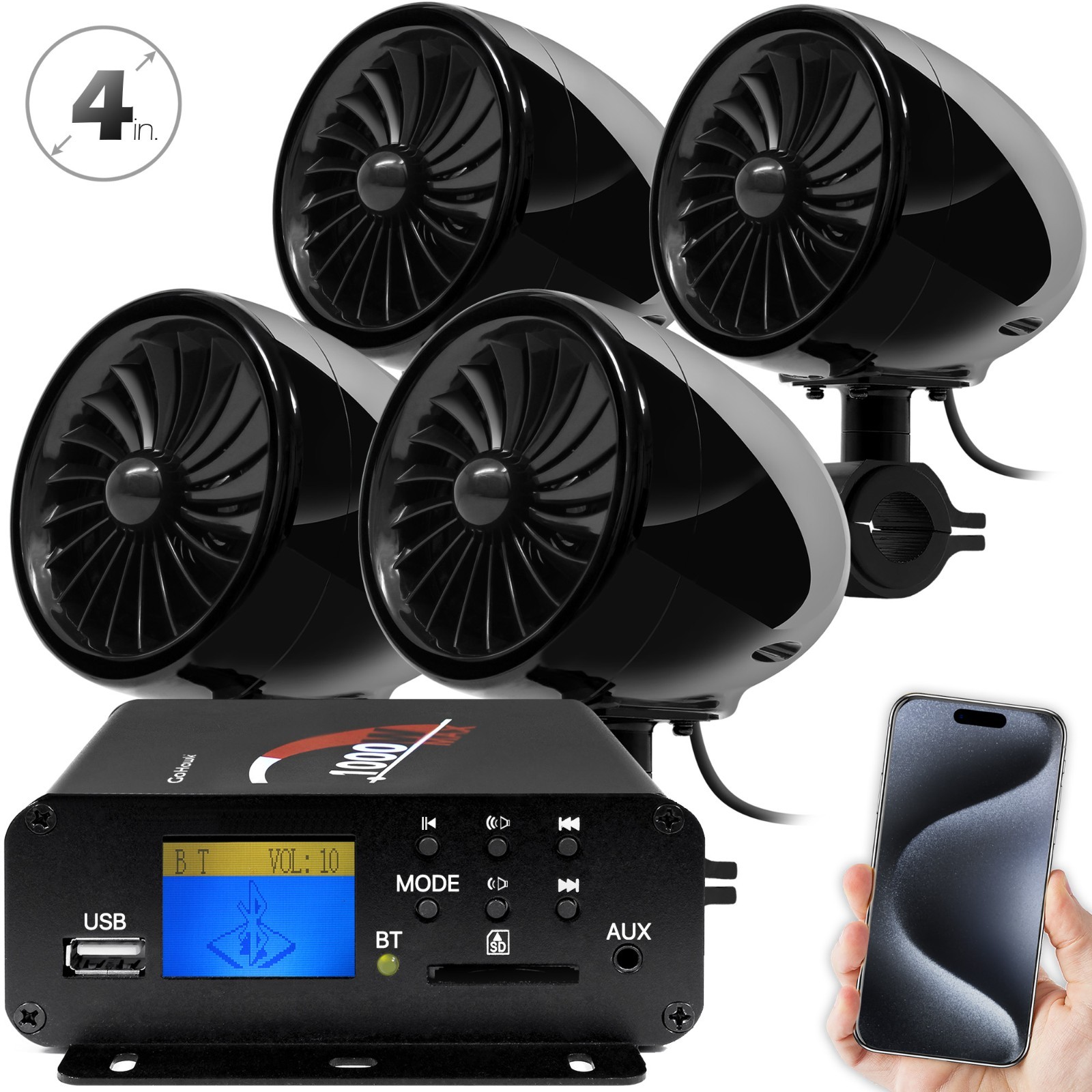 1000W Motorcycle Bluetooth 4 Speakers Stereo Audio System ATV UTV Can-Am Polaris