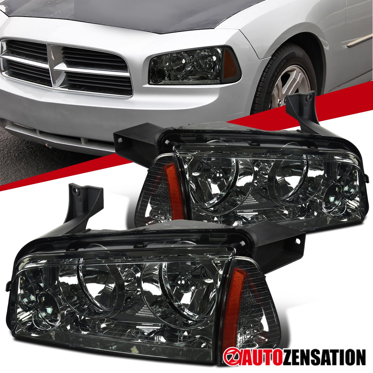 Fit 2006-2010 Dodge Charger Smoke Headlights+Corner Parking Lamps Replacement