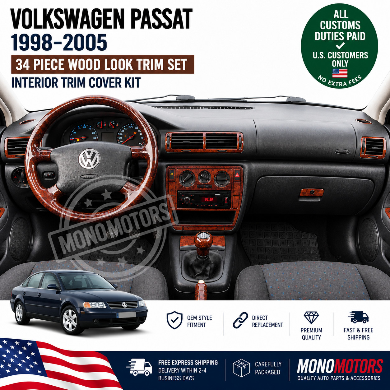 WOOD LOOK DASH TRIM KIT FOR VOLKSWAGEN PASSAT B5 34PCS 1998-2005