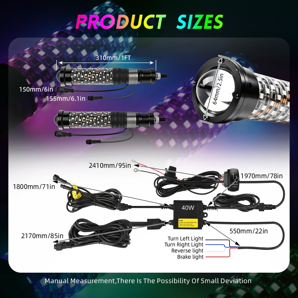2x 1-3FT Spiral LED Fat Whip Light Antenna RGB Chasing w/Bracket For Can-am RZR
