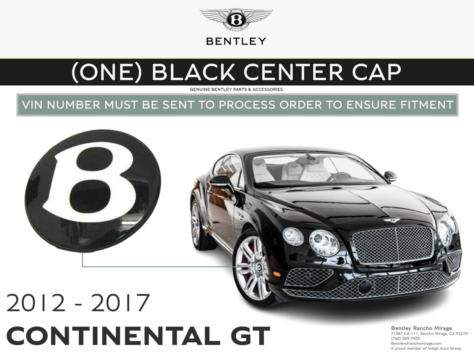 2012-2017 BENTLEY Continental GT CENTER CAP x 1 BLACK genuine OEM