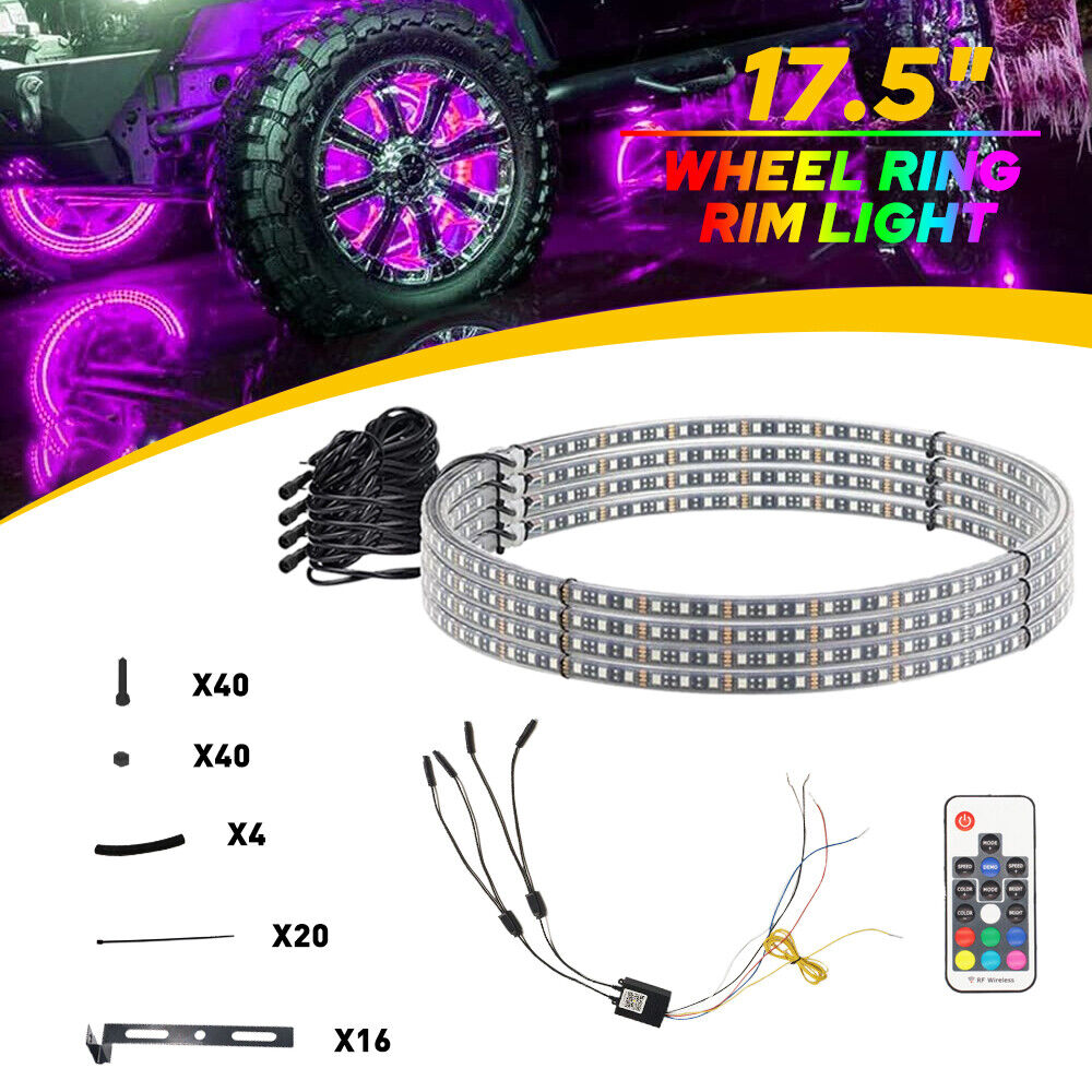4x 17.5'' RGB Wheel Ring Lights LED Light For Truck Car Rim Lights Bluetooth APP