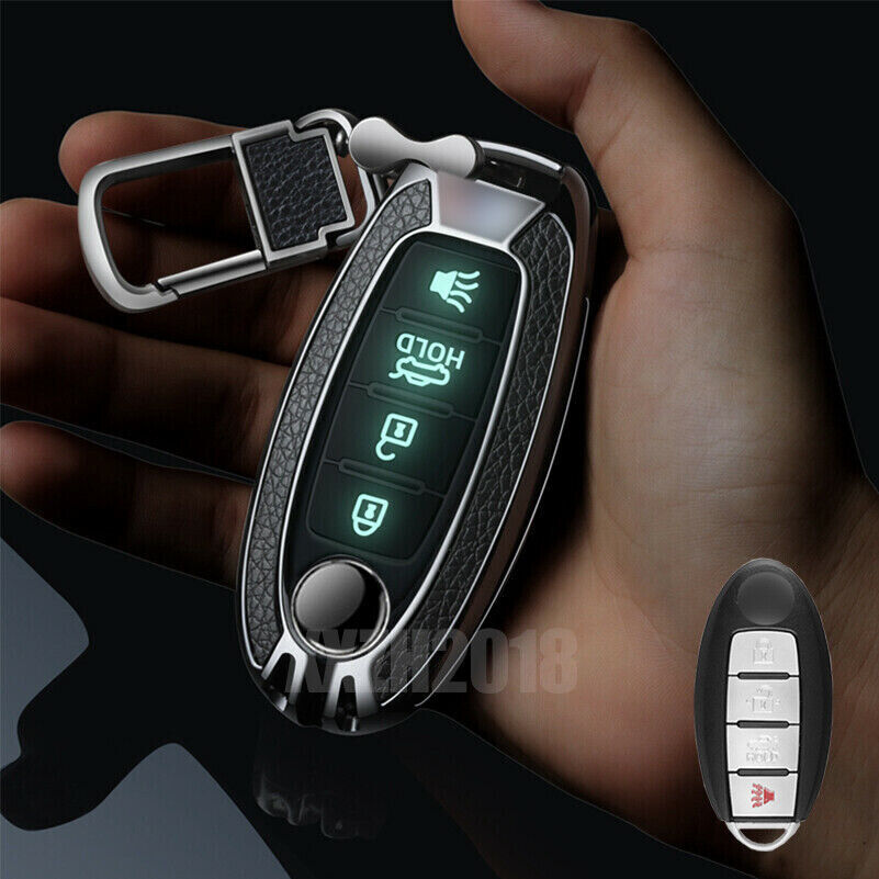 For Nissan For Infiniti Metal+Leather Luminous 4 Buttons Car Key Fob Case Cover