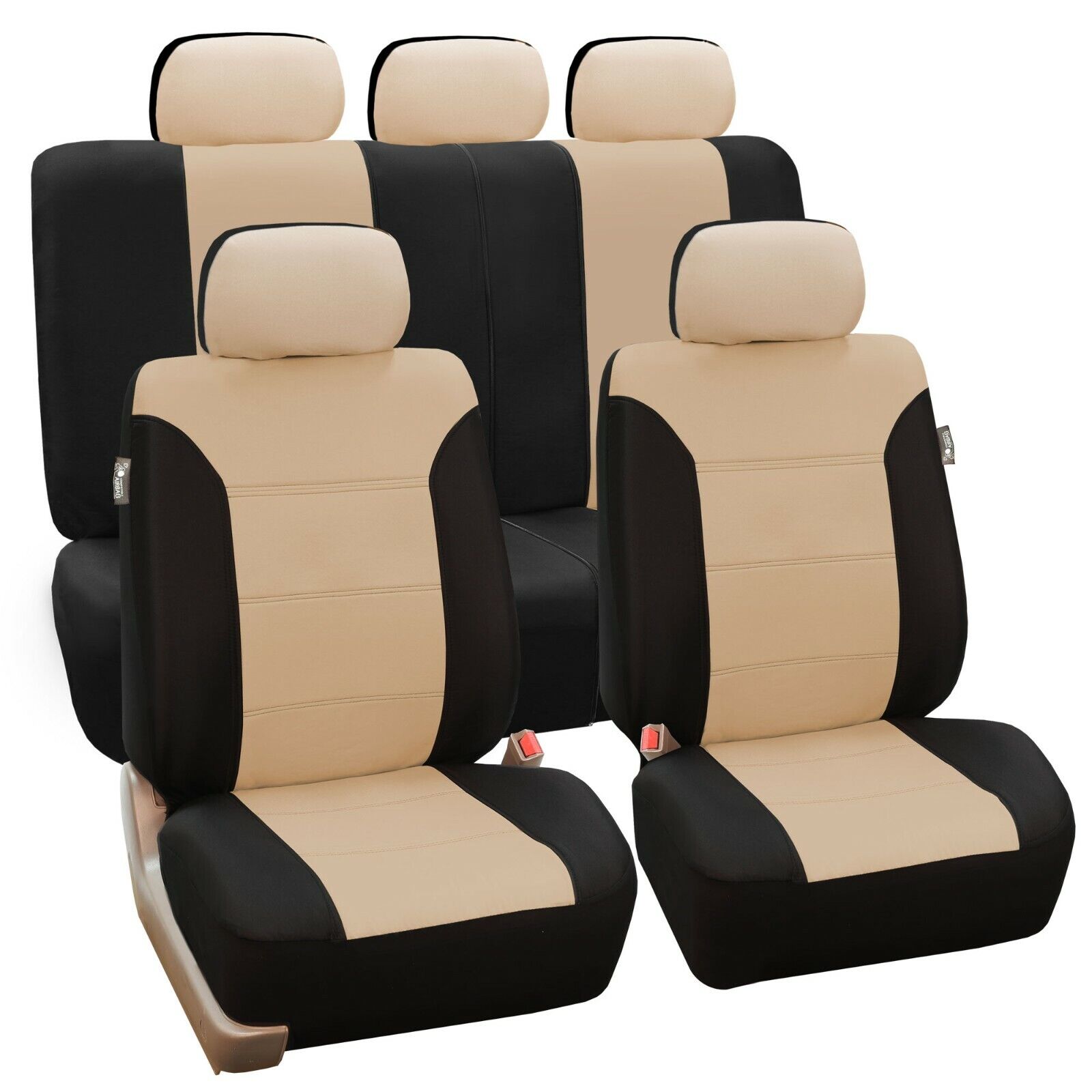 Classic Khaki  Beige Black 2Row Set Auto Car Seat Covers Split Bench