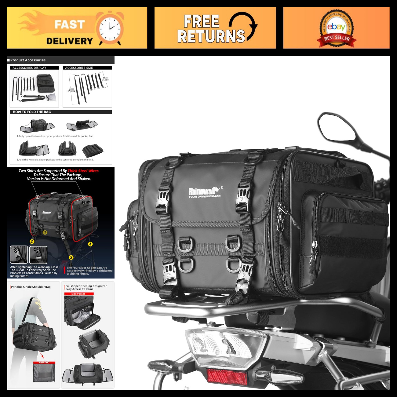 Expandable Waterproof Motorcycle Tail Bag 33-45L Travel Luggage with Sissy Bar S