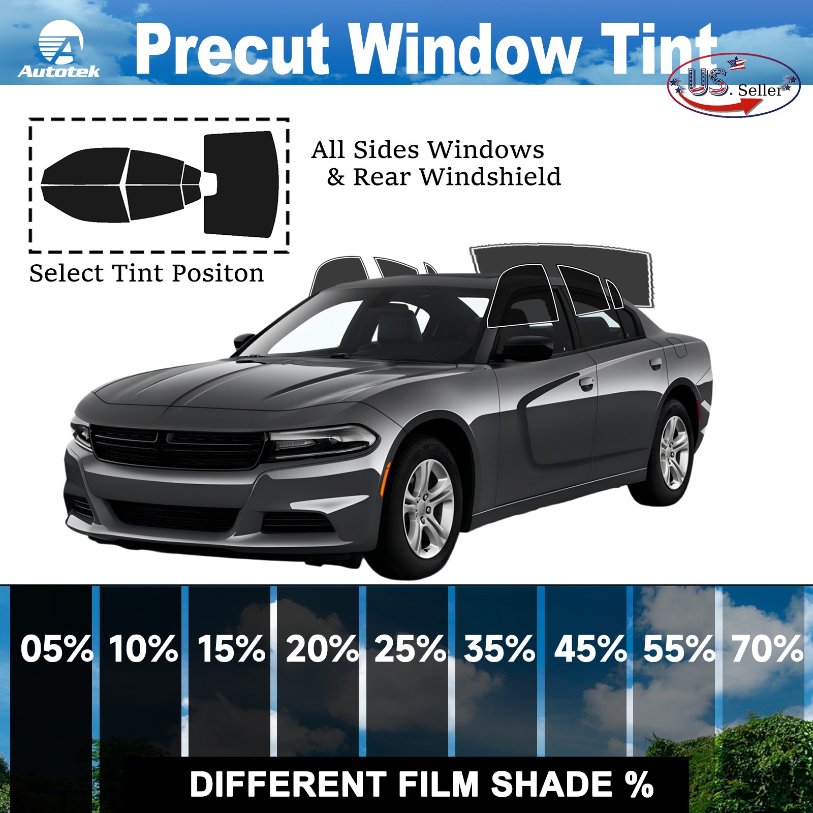 PreCut All Sides + Rear Window Film Any Tint Shade % For Dodge Charger 2015-2023