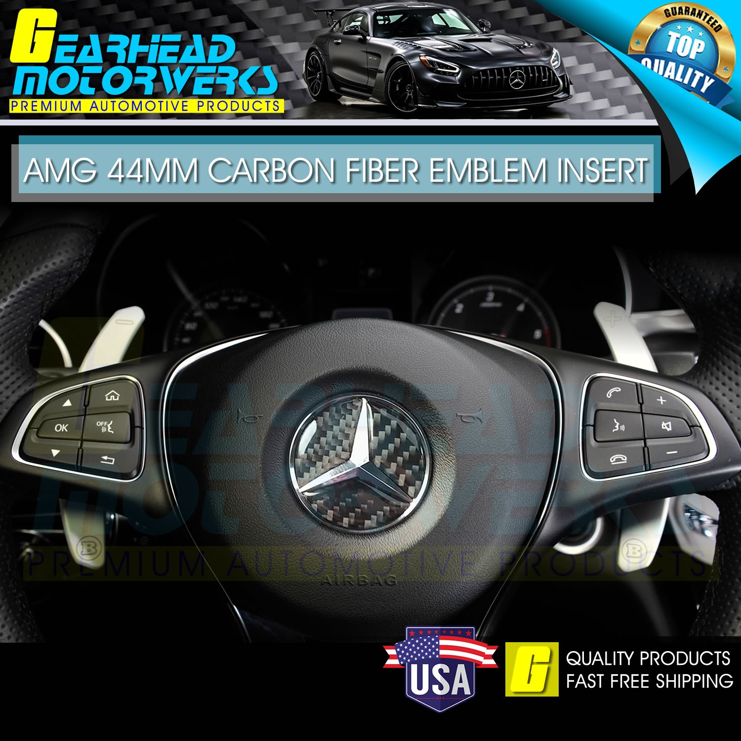 44mm Emblem Carbon Fiber Insert For Mercedes Benz Steering Wheel Center Logo AMG