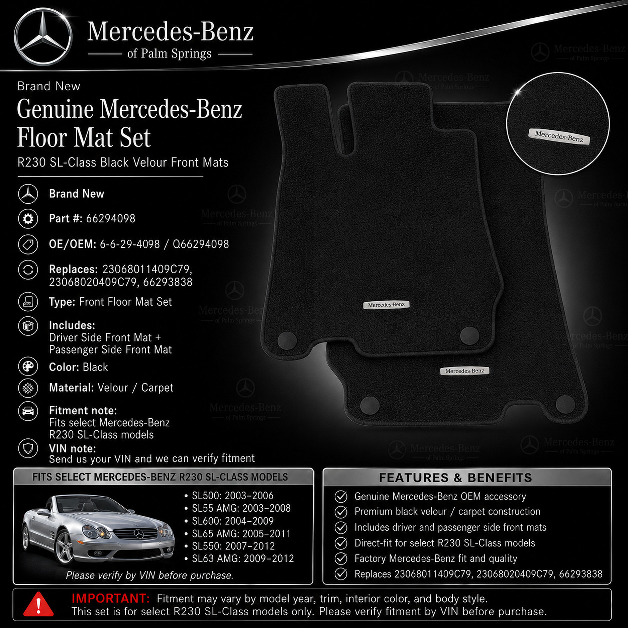 Genuine Mercedes-Benz R230 SL-Class Black Velour Floor Mats 66294098 OEM