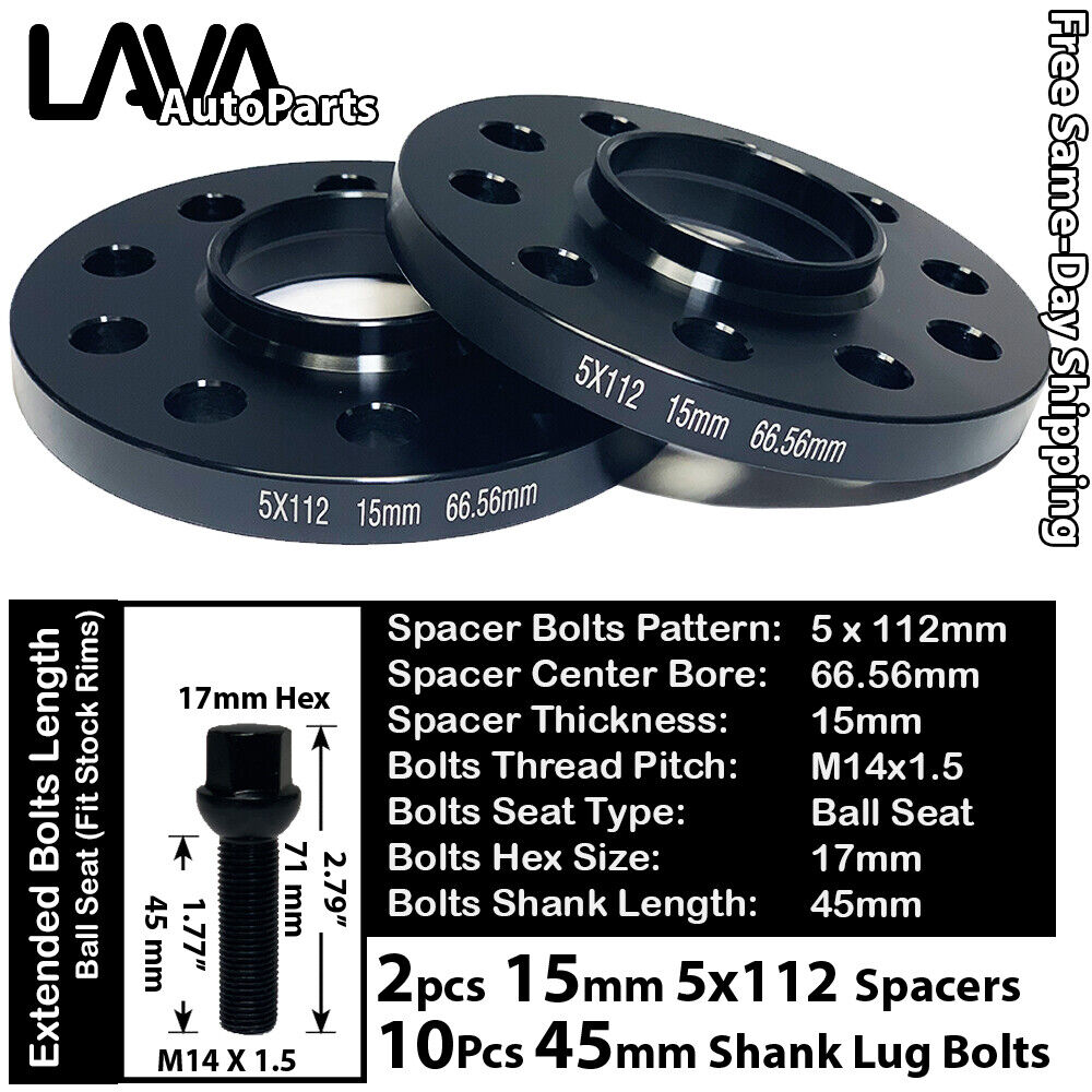 2PC 15MM THICK 5X112 66.5MM C.B WHEEL SPACER+10 BOLTS FIT AUDI/MACAN STOCK WHEEL