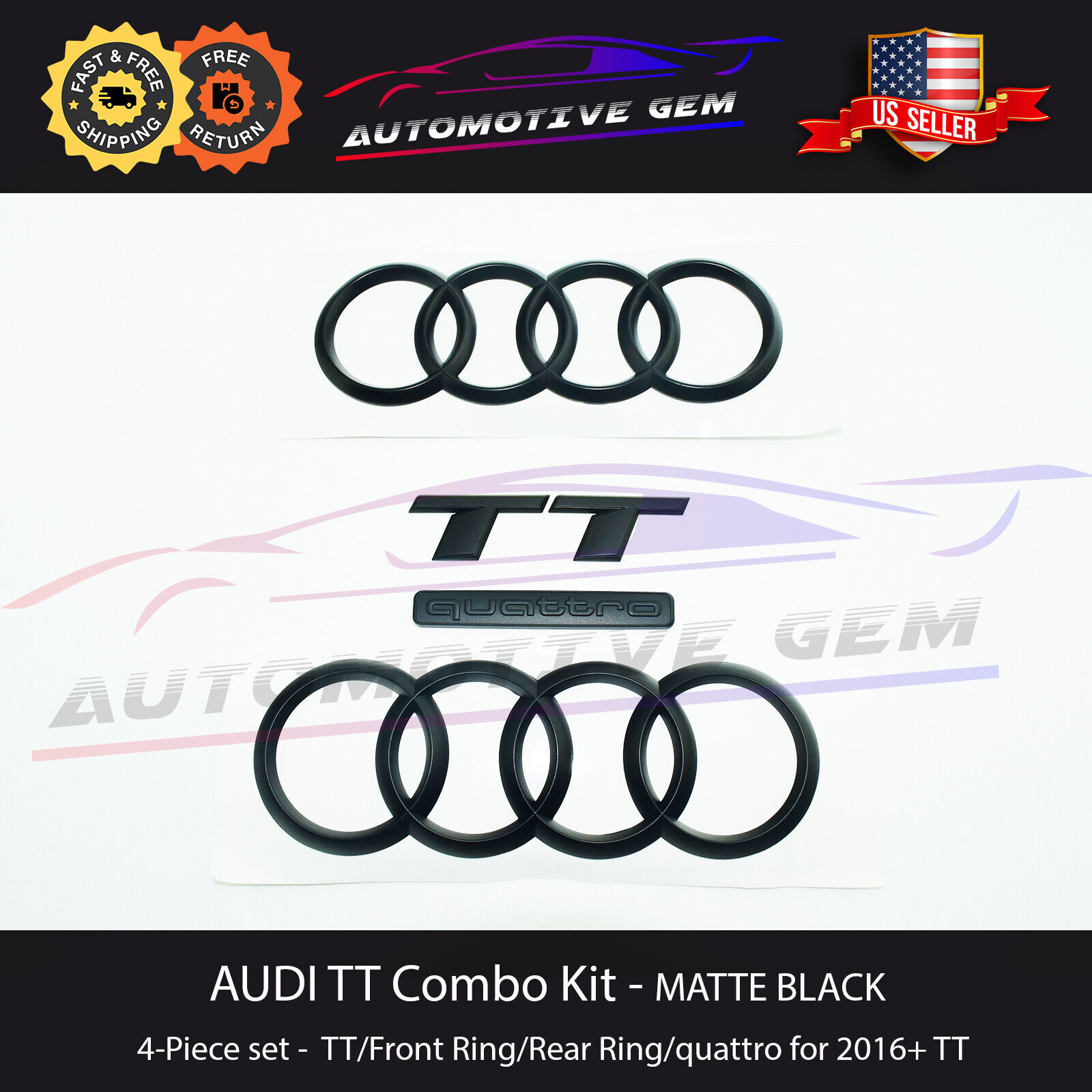 AUDI TT Hood Trunk Ring Emblem MATTE BLACK S Line quattro Logo Badge Kit 2016+