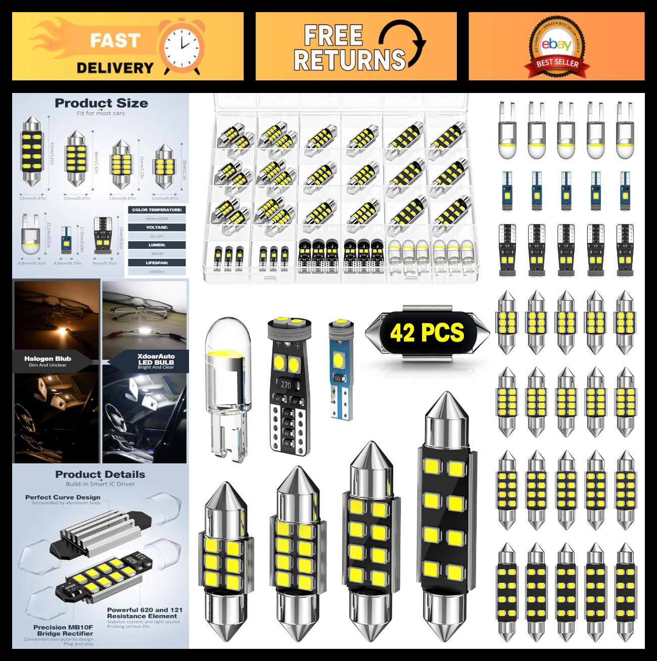 42 PCS LED Interior Car Lights Kit - Super Bright Dome, Map & Door Bulbs, Fits 1