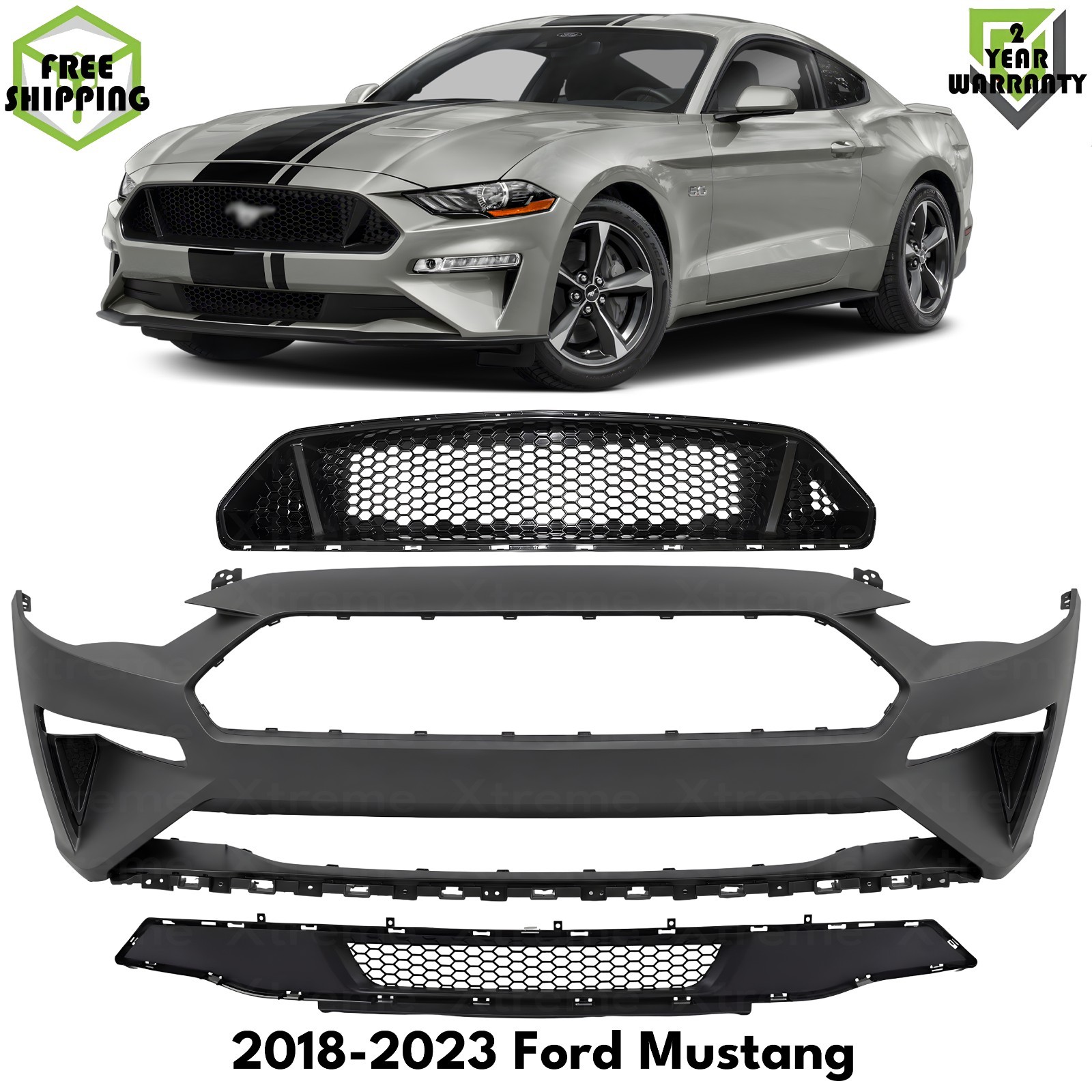 Front Bumper Cover Primed Plastic & Grille Assembly For 2018-2023 Ford Mustang