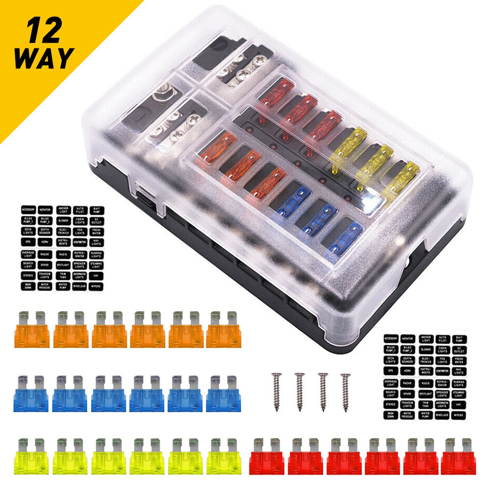 12-Way Blade Box Holder Fuse Block LED Indicator 12V/32V Waterproof Auto Marine
