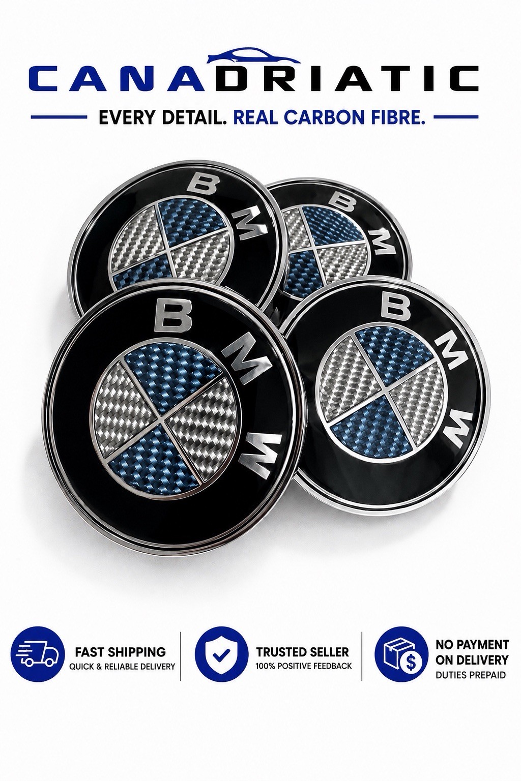 4x BMW 68mm Real Carbon Fiber Wheel Center Caps Blue White Hub Rim Emblems