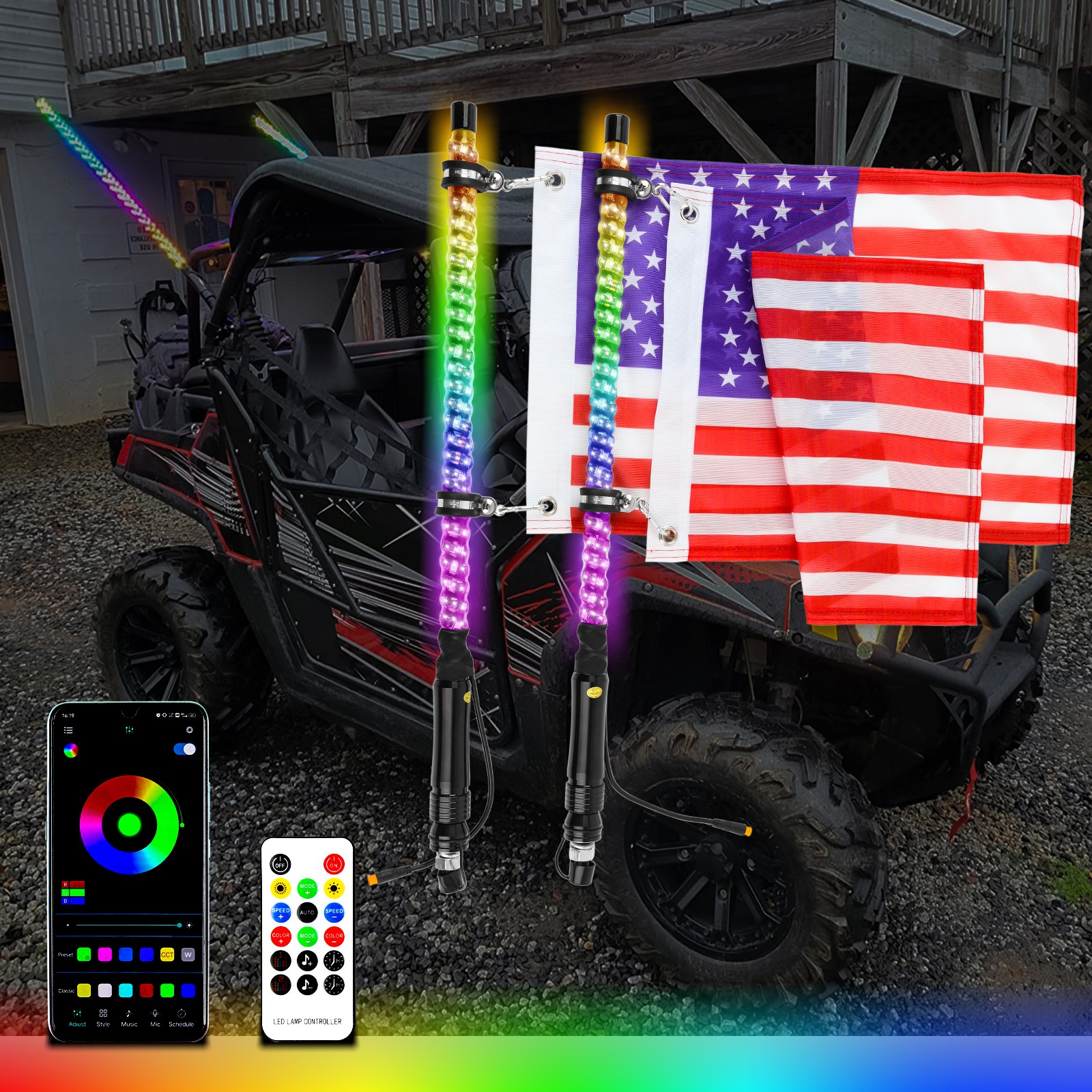 2PCS 2ft/3ft/4ft RGB Spiral LED Whip Light Antenna W/ Flag For ATV UTV Golf Cart
