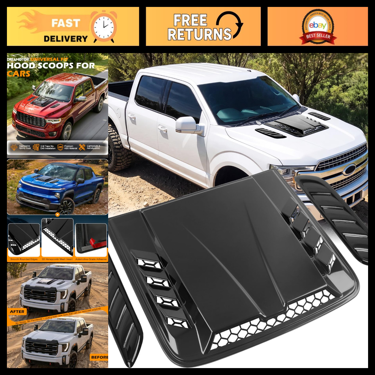 Universal Hood Scoop Vents - 3 Set for Cars & Trucks, Airflow Enhancer, Easy Ins