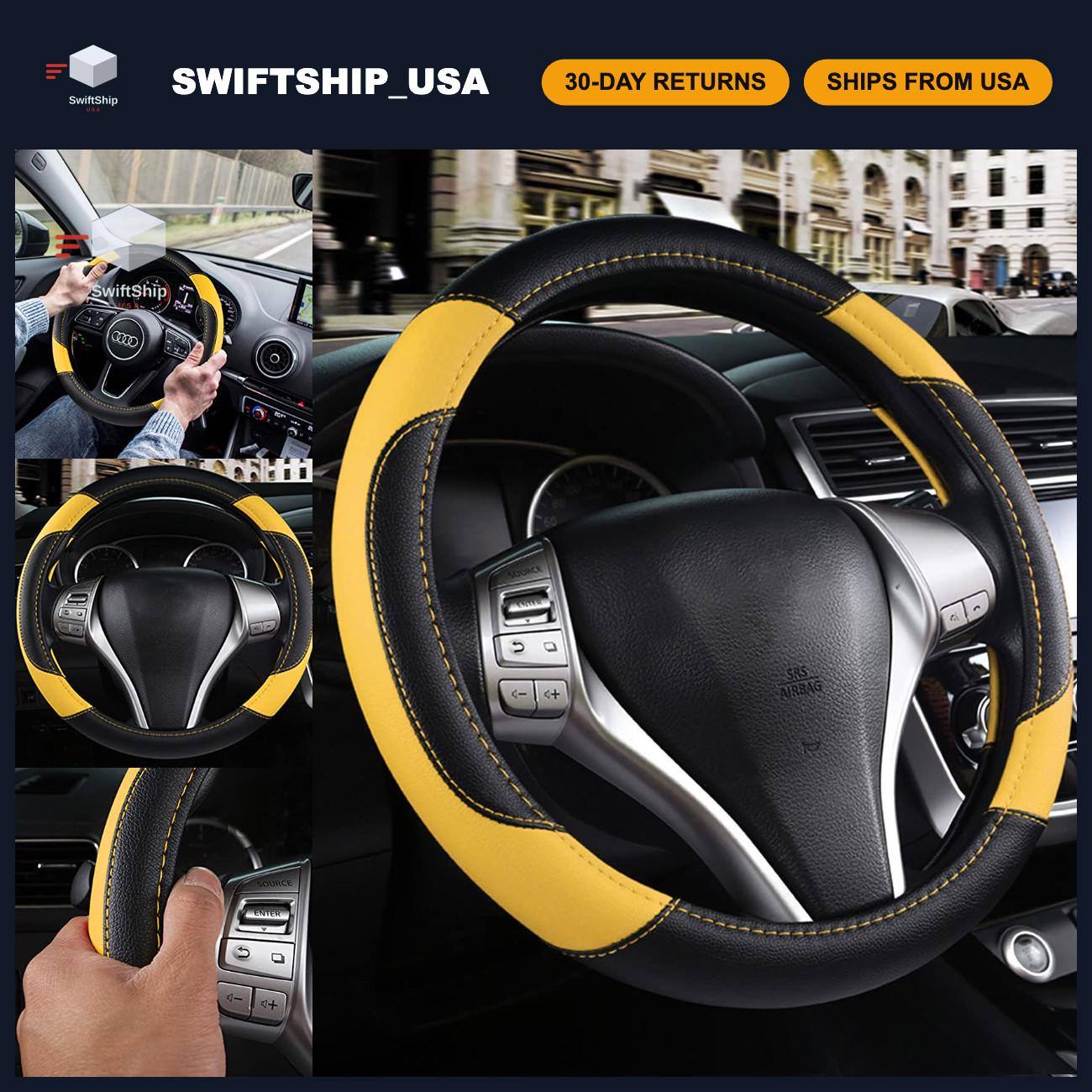 Universal Fit Leather Steering Wheel Cover - Black & Yellow, Non-Slip Grip, Dura Universal Fit Leather Steering Wheel Cover - Black & Yellow, Non-Slip Grip, Dura
