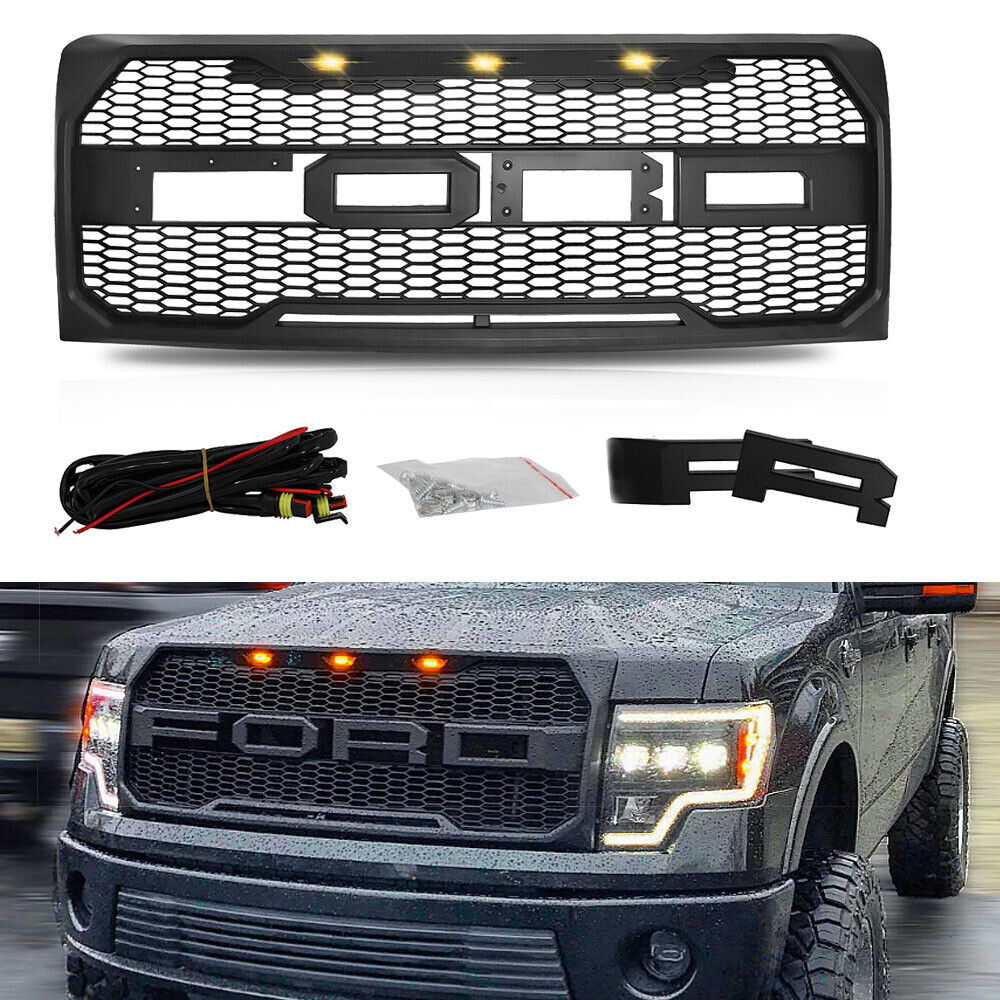 FRONT BUMPER GRILL HOOD GRILLE FOR FORD F150 F-150 2009-2014 BLACK RAPTOR STYLE