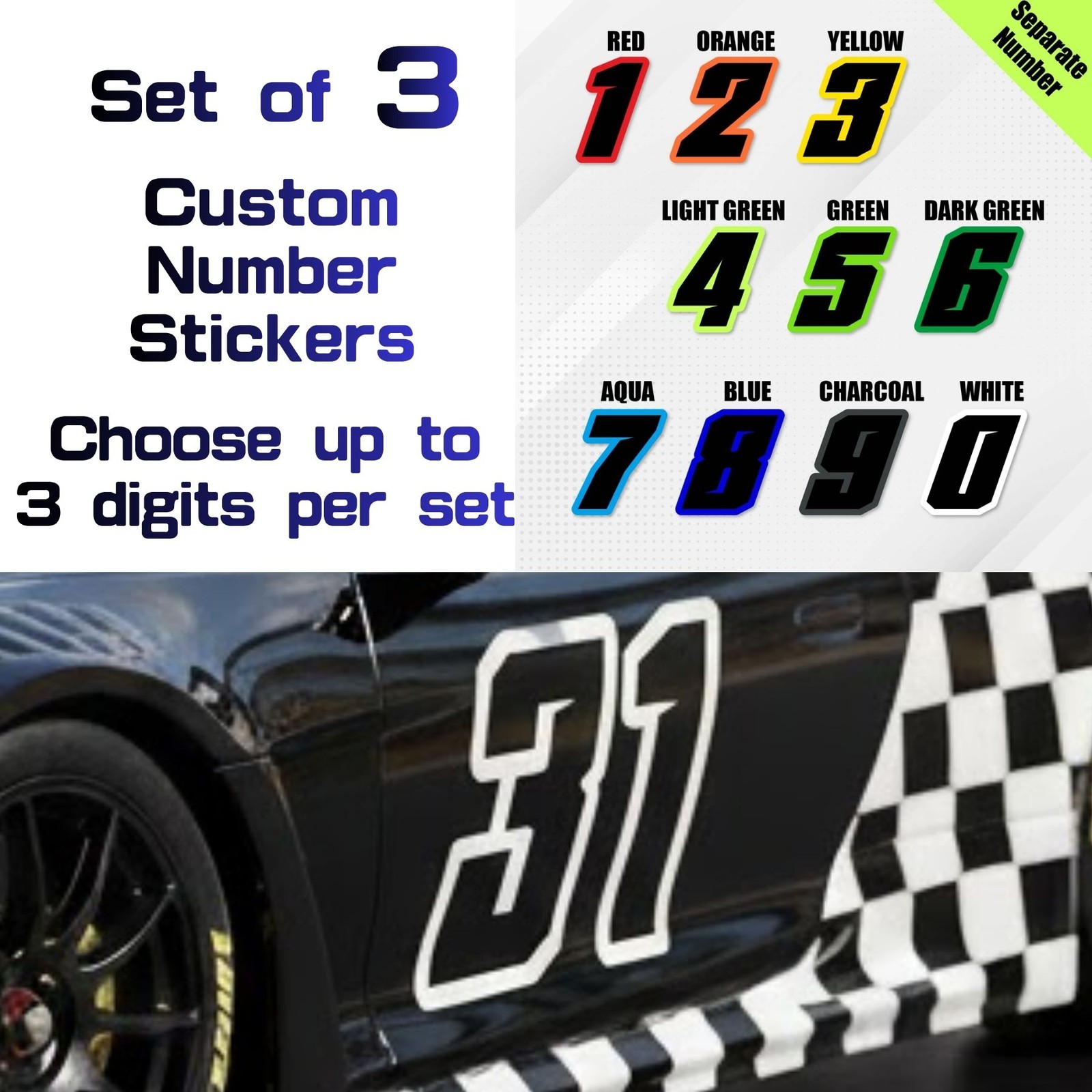 Set of 3 Custom Vinyl Racing Number Sticker Decals For Car Dirt Bike Motorcycle