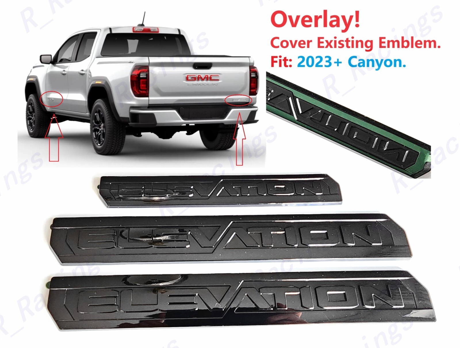 OVERLAY 3PCS Gloss Black Door Rear Elevation Emblem Badge Fit 2023+ GMC Canyon