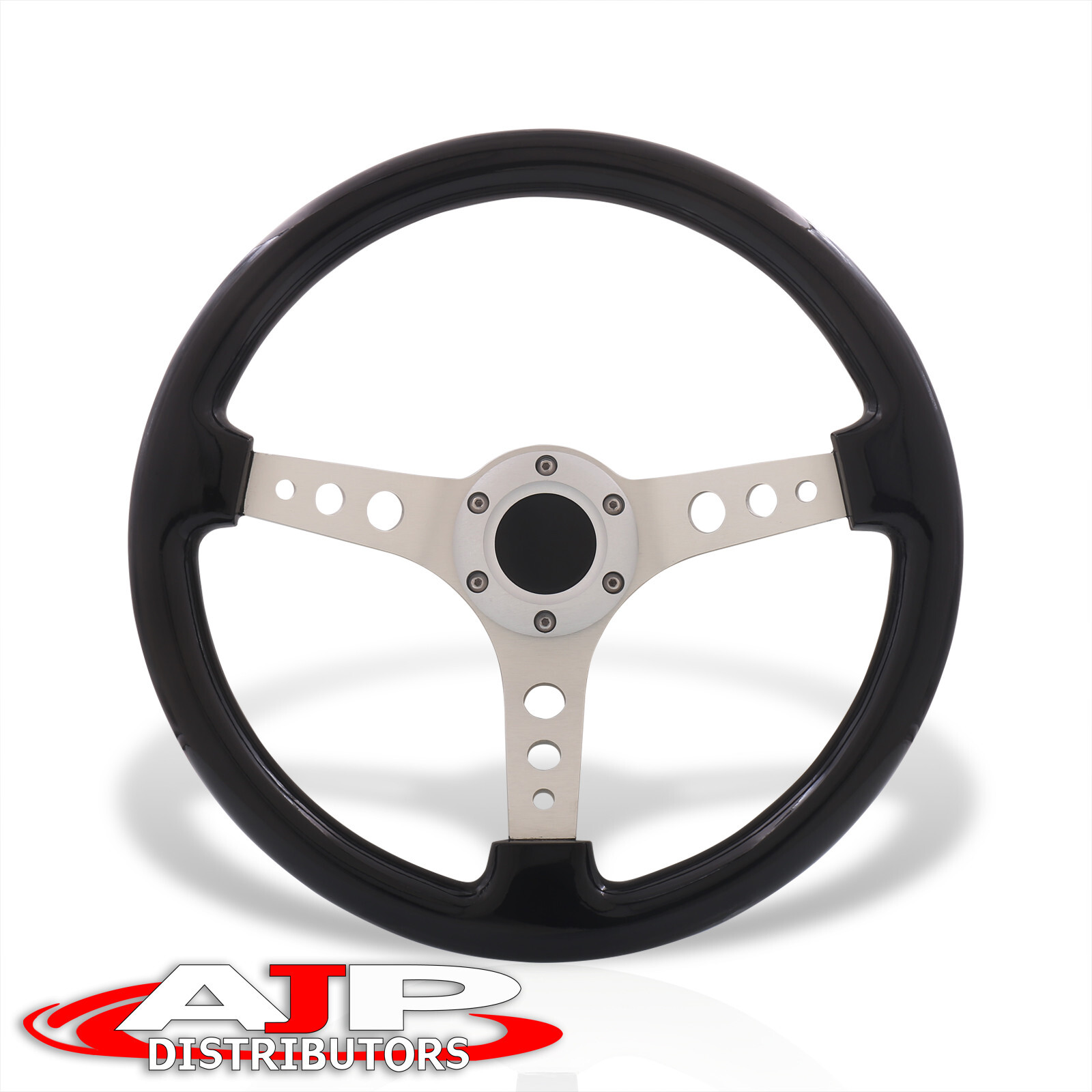 6-Bolt Black Wood Silver Aluminum Deep Steering Wheel + Horn Universal 350mm 14 6-Bolt Black Wood Silver Aluminum Deep Steering Wheel + Horn Universal 350mm 14