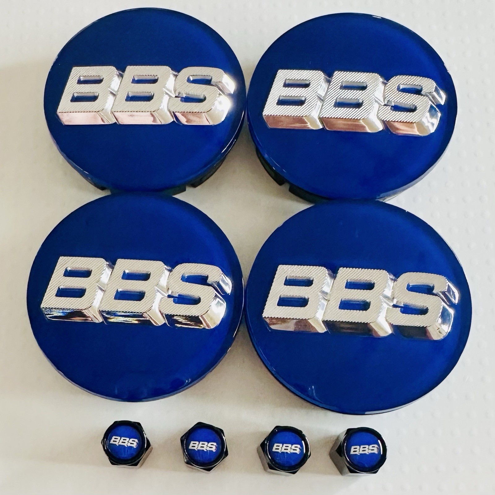 4pc 3D Silver Blue OEM BBS 56mm Center Caps 56.24.012 & 4pc Black Valve Caps 4pc 3D Silver Blue OEM BBS 56mm Center Caps 56.24.012 & 4pc Black Valve Caps