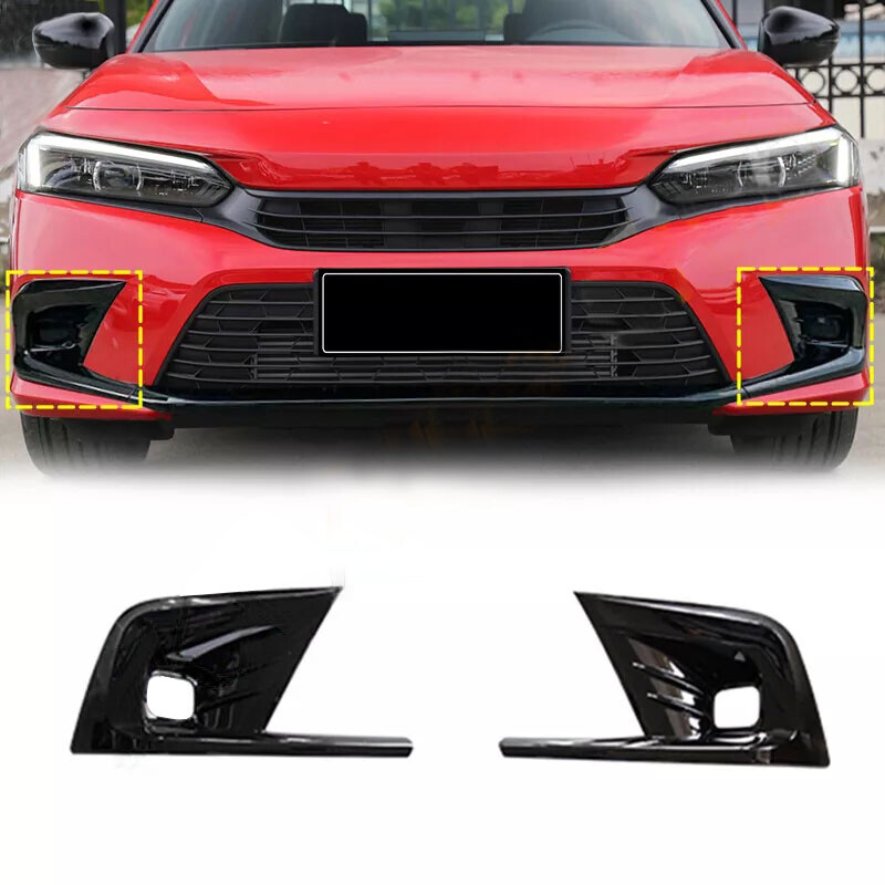 2x Glossy black Front Fog Light Lamp Cover Trim For Honda Civic 11th 2022-2024