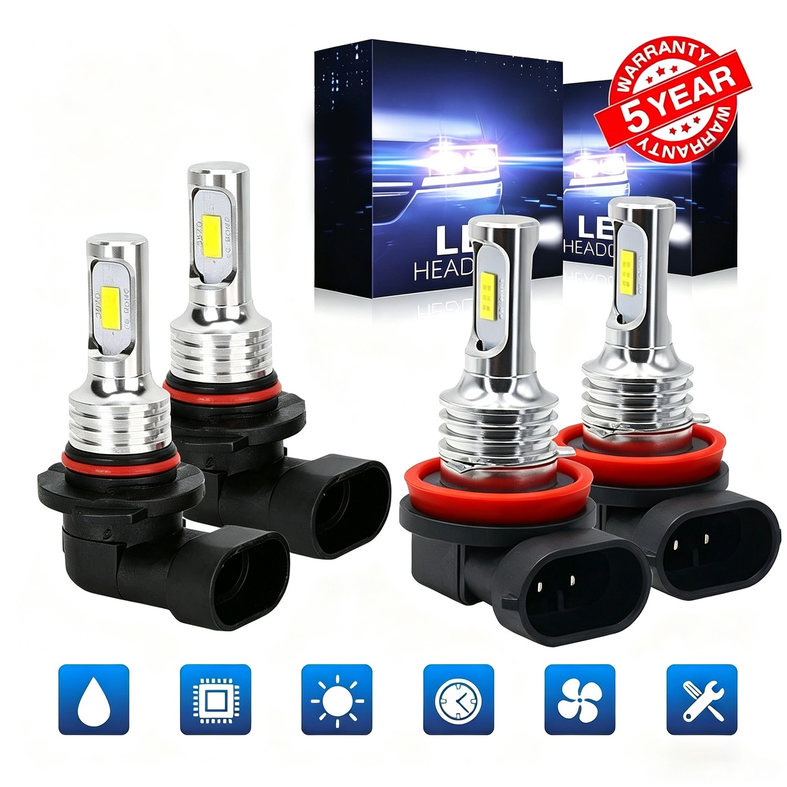 H11 9005 LED Headlight KIT Combo Bulbs 10000K High&Low Beam Super Bright White