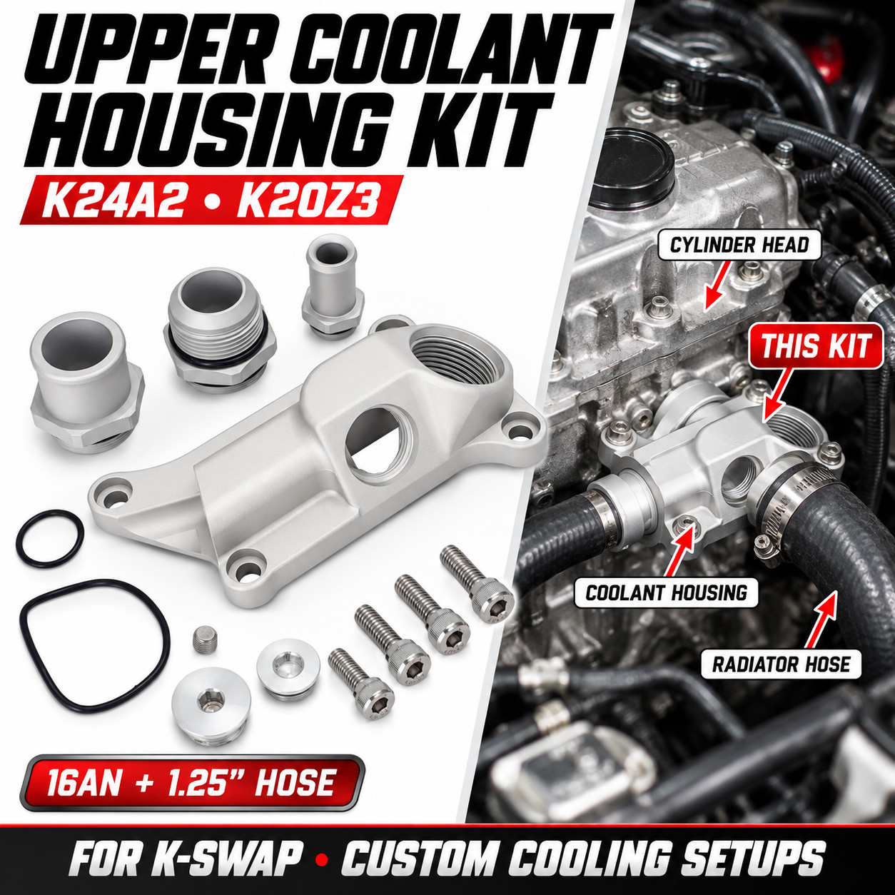For K24A2 K20Z3 Billet Upper Coolant Housing Kit 16AN 1.25\