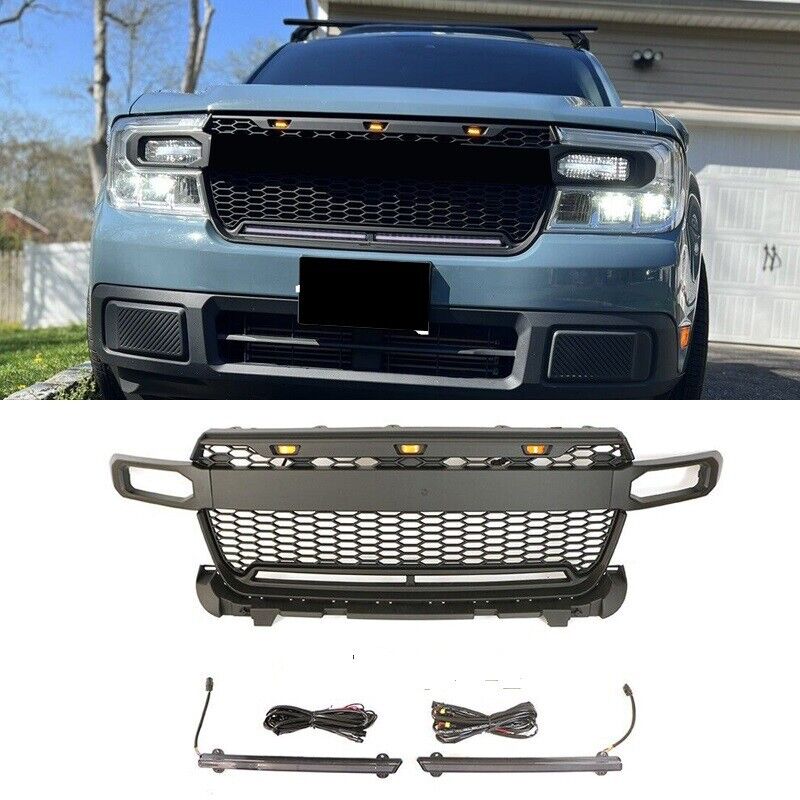 Black Front Grille Fit For Ford Maverick 2022 2023 Bumper Grill With LED Light
