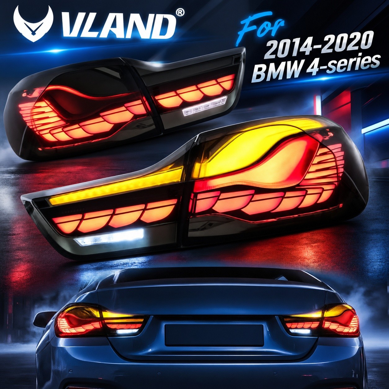 VLAND Smoked LED TailLights For 14-20 BMW Series4 F32F33F36 M4F82F83 w/Animation