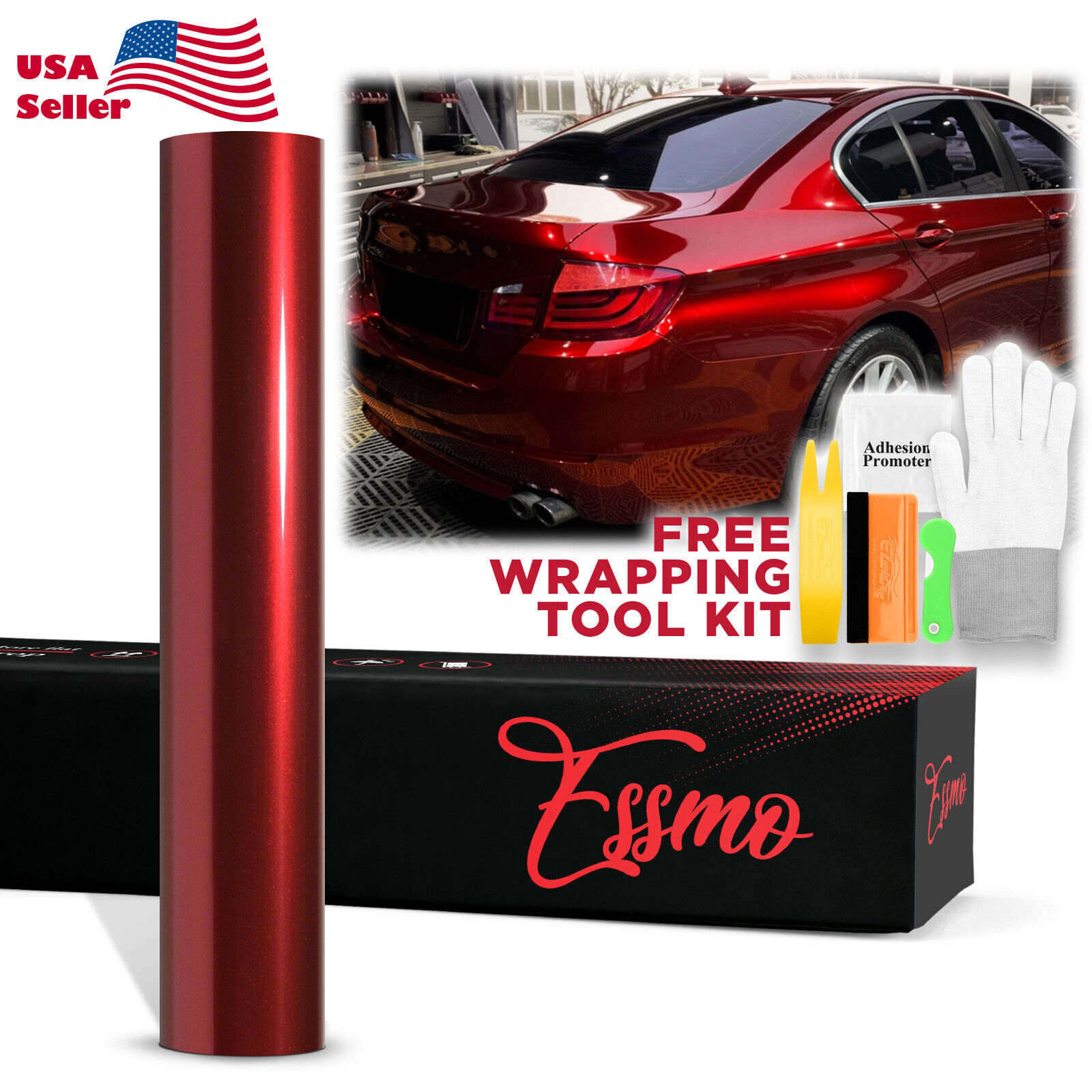 ESSMO PET Super Gloss Metallic Cherry Red Vehicle Vinyl Wrap Decal Like Paint