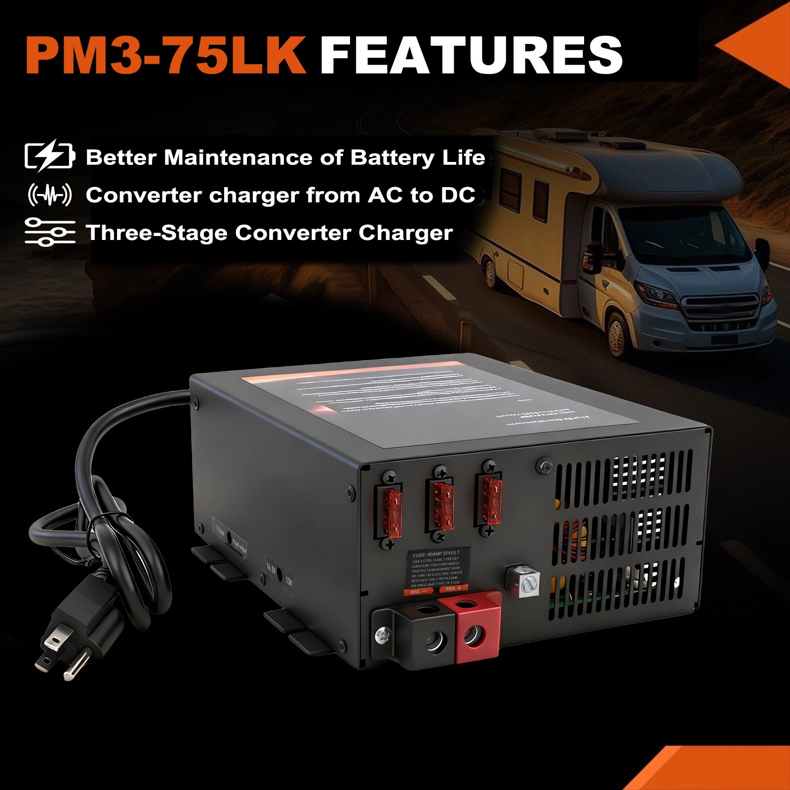 PM3-75LK 75 Amp 12V Converter Charger-Dual Mode For Lithium/Lead-Acid Batteries