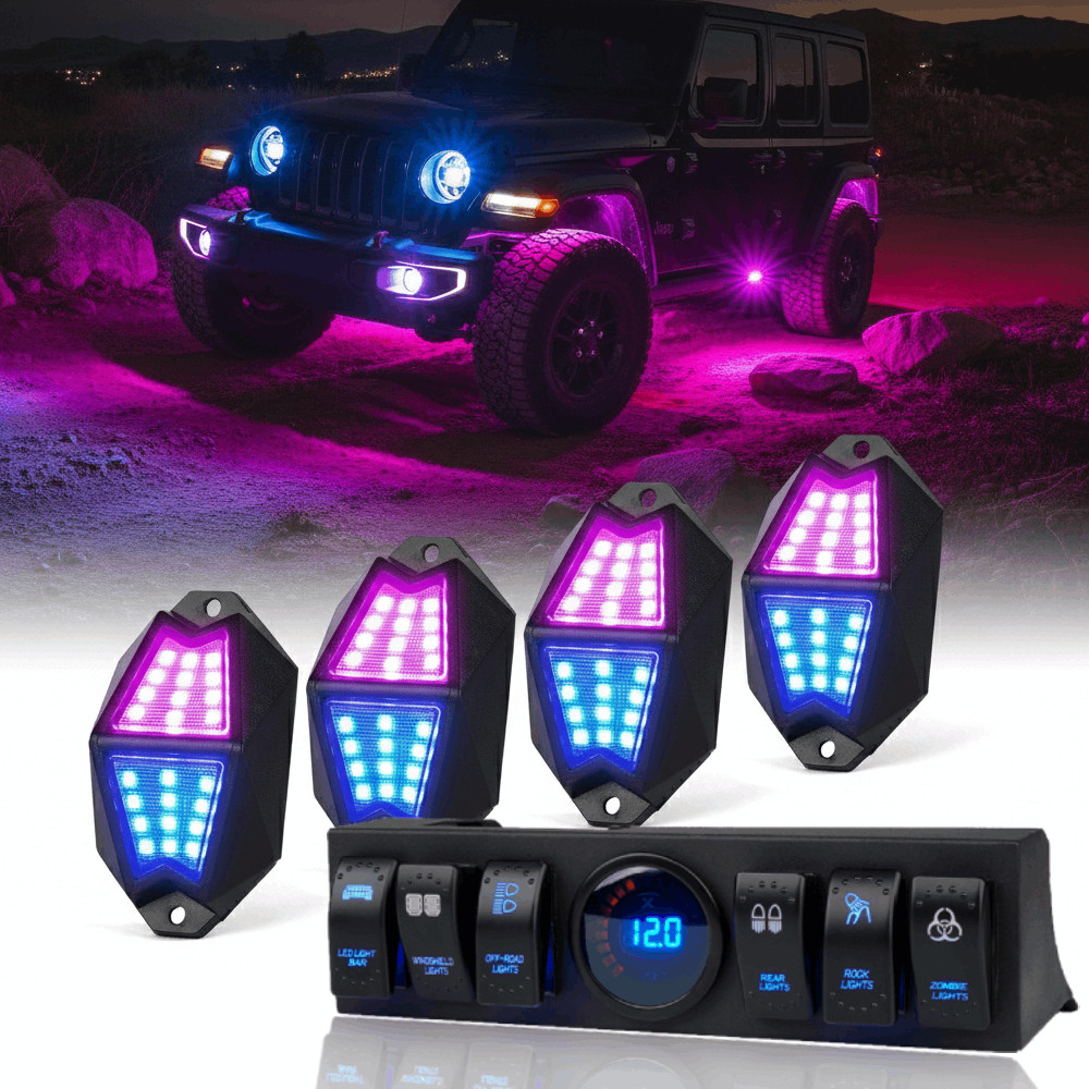 6-Switch Panel & RGBW LED Rock Lights Kit for 09-18 Jeep Wrangler JK JKU Offroad 6-Switch Panel & RGBW LED Rock Lights Kit for 09-18 Jeep Wrangler JK JKU Offroad