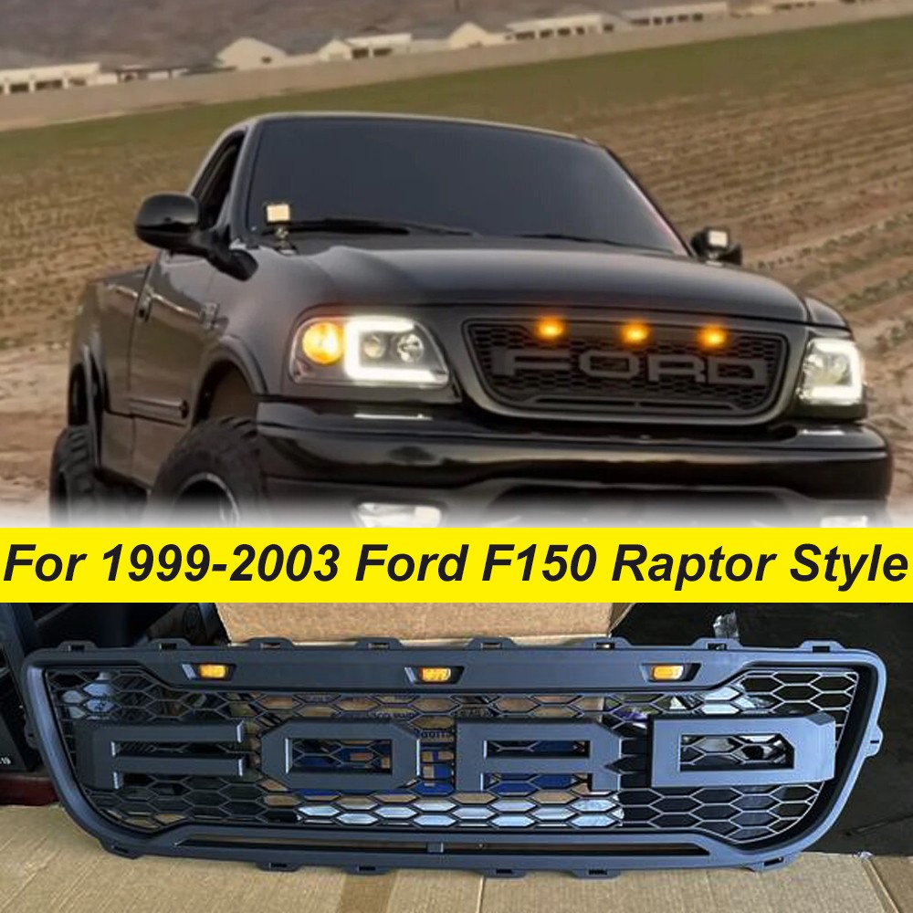 Front Grille For 1999-2003 Ford F150 Raptor Style W/Letters W/3LEDs Matte Black