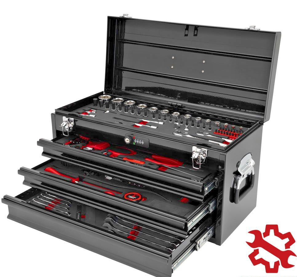 TUSK 3 Drawer Moto Tool Box with Lock, 129pc Tool Set Chrome Vanadium Steel
