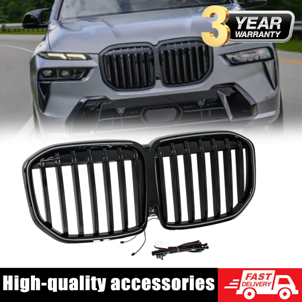 For 2023-2026 BMW X7 G07 w/LED Grille Grill Single Line Gloss Black Front Bumper