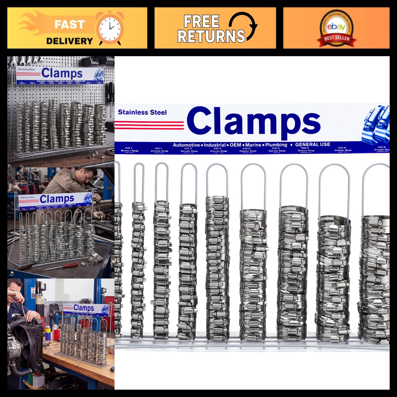 200pcs Stainless Steel Hose Clamp Assortment with Display Rack - Multiple Sizes