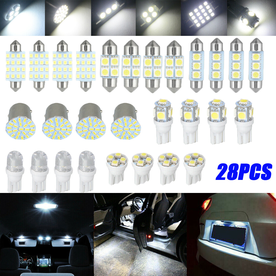 28Pcs White Car Interior LED Light Accessories For Dome Map License Plate Bulbs
